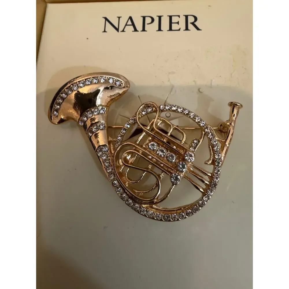 Authentic Napier Rhinestone French Horn Brooch Pin NIB Gold Tone